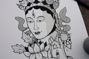 nico-tatuto-tattoo-flash-white-tara-buddhism-tibetan-woman-portrait-femme-blackwork-brush-painting-ink-encre-bordeaux-tatoueur-bastide