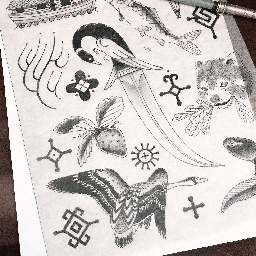 nico-tatuto-le-placard-tattoo-shop-flash-sheet-bordeaux-tatoueur-dague-crane-poisson-panda-roux-canard-oriental-crayon-papier-3