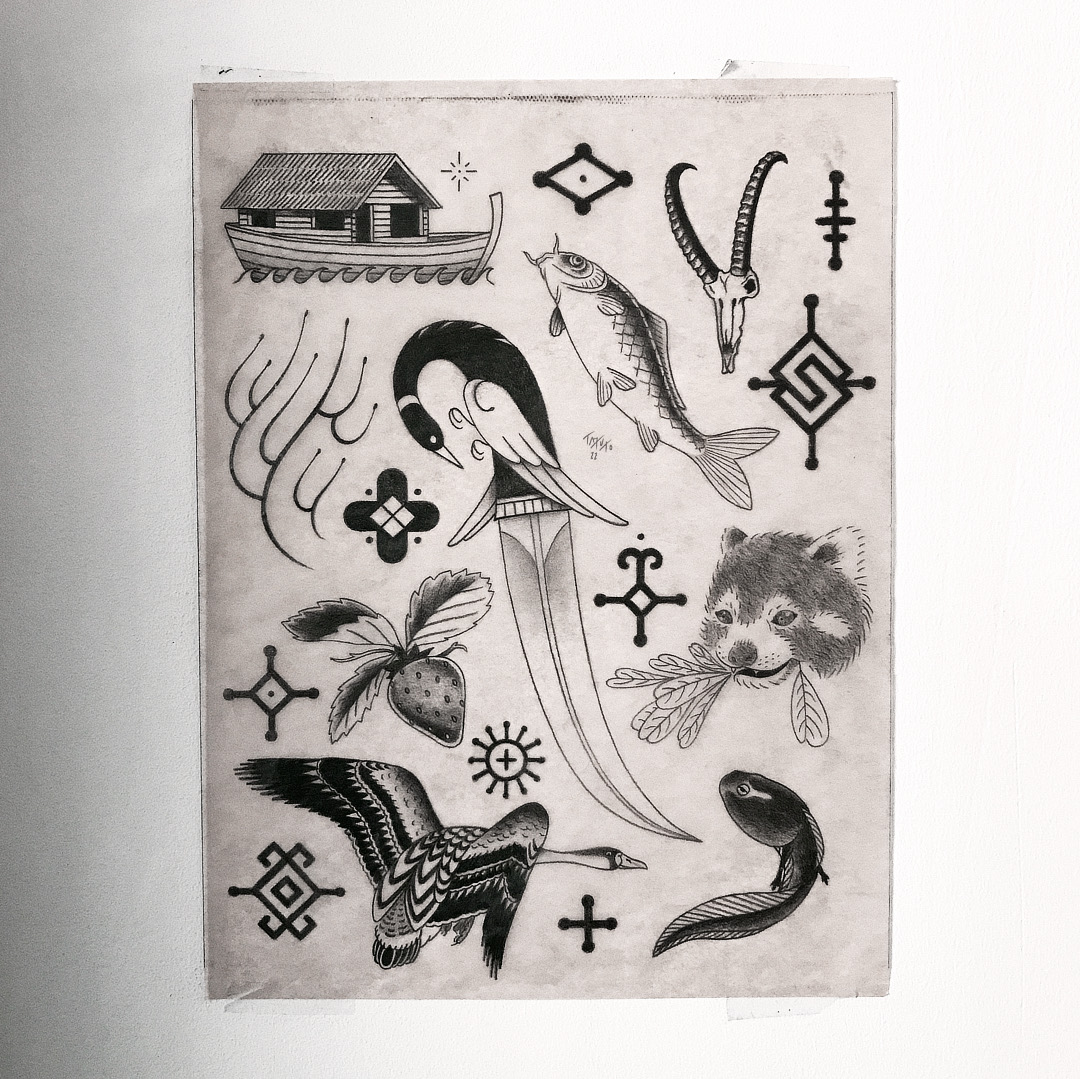 nico-tatuto-le-placard-tattoo-shop-flash-sheet-bordeaux-tatoueur-dague-crane-poisson-panda-roux-canard-oriental-crayon-papier