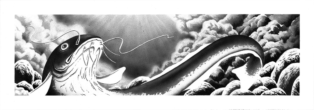 nico-tatuto-namazu-poisson-chat-catfish-folklore-japonais-illustration-peinture-aerographe-airbrush-painting-bordeaux-gironde-ink-encre-chine