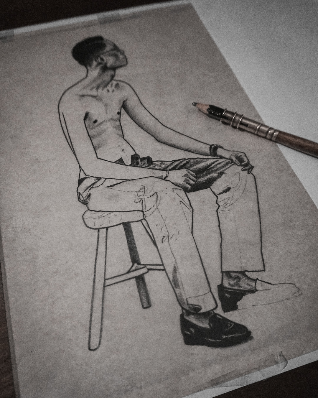 nico-tatuto-trillaud-the-tattoo-appointment-illustration-crayon-pencil-graphite-bordeaux-illustrateur-tatouage-figure-portrait-original-painting-wip