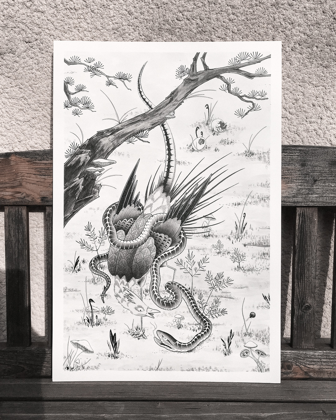 nico-tatuto-tatoueur-bordeaux-japonais-estampe-ukiyoe-illustration-snake-serpent-bird-faisan-landscape-painting-india-ink-encre-de-chine-airbrush-sumie-aerographe-1