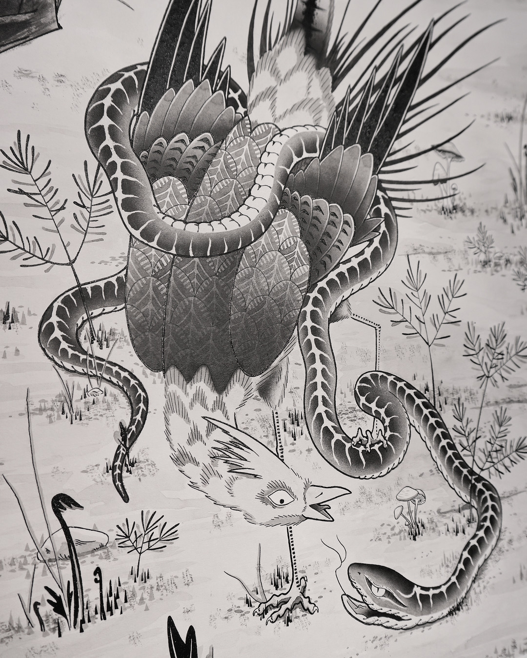 nico-tatuto-tatoueur-bordeaux-japonais-estampe-ukiyoe-illustration-snake-serpent-bird-faisan-landscape-painting-india-ink-encre-de-chine-airbrush-sumie-aerographe-4